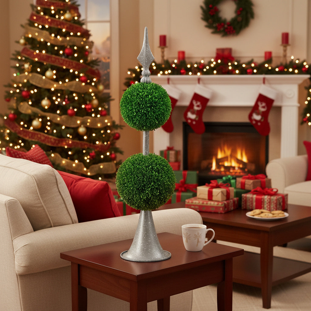 Artificial Tree Boxwood Topiary Two-Tier Natural Spheres D7x26.5in Artificial Plant Metal Stand Home Office Decor