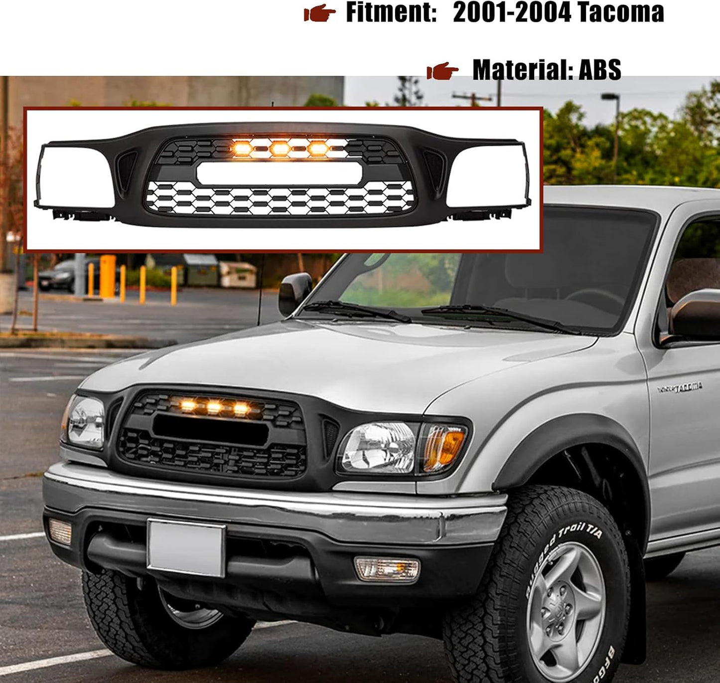 Front Grille Fits For Tacoma 2001 2002 2003 2004 With Amber LED Accent Lights Matte Black