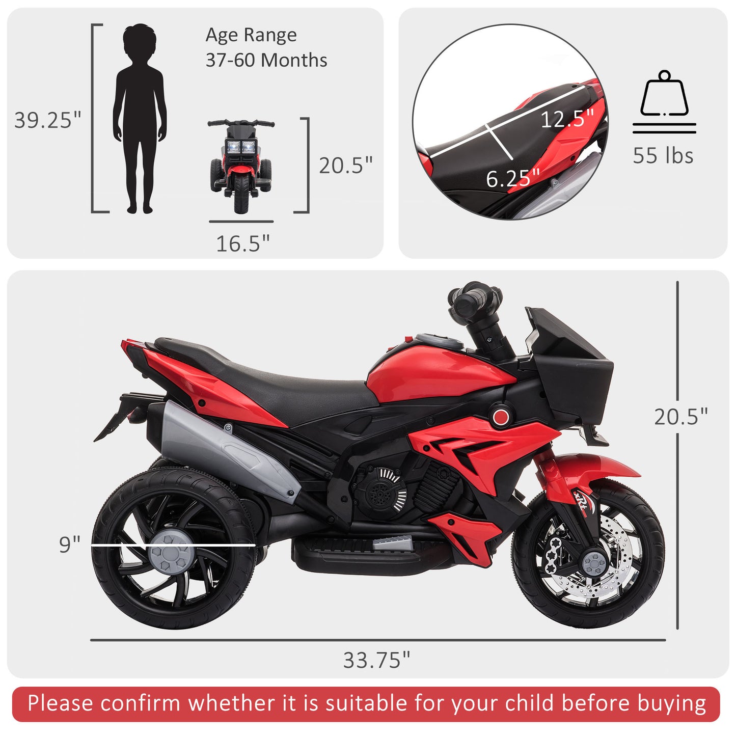 Red 6V Kids Electric Motorcycle Ride-On Dirt Bike Toy With Music Horn Headlights