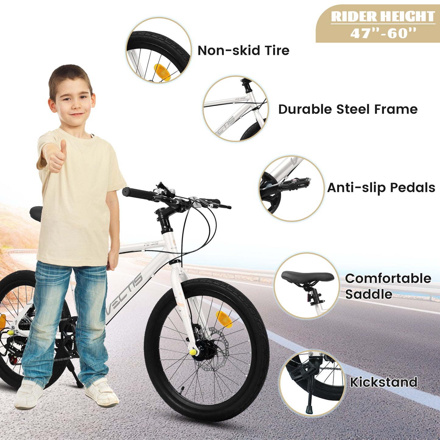 20 Inch Children's Bicycle For Boys Girls, 7-Speed Steel Frame, , Dual Disc Brakes, 20x1.75 Inch Tires Road Bike, 4 Color Options