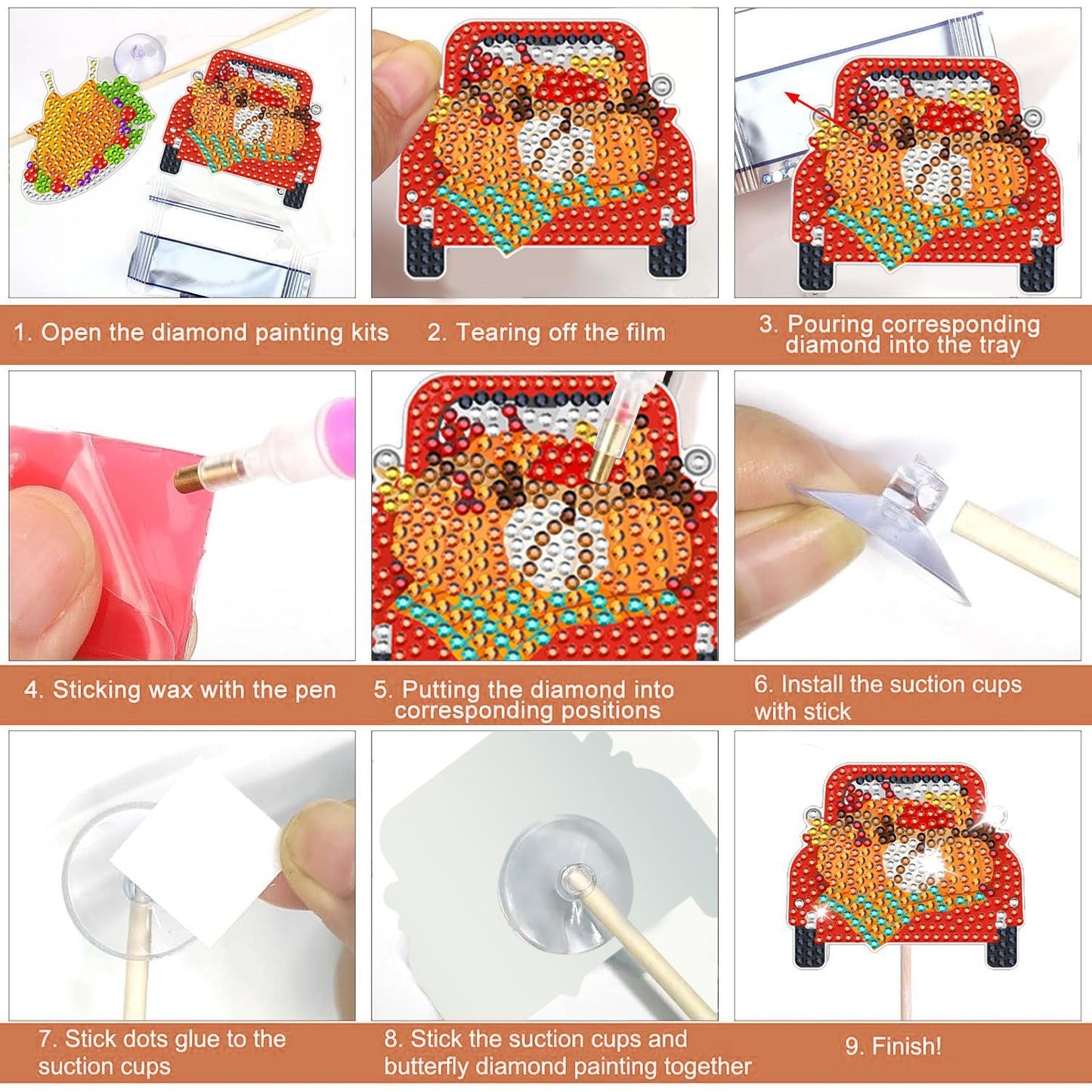 12 Packs Rhinestones Painting Art Kit Fall Pumpkin Turkey Maple Corn Design Decorative Stakes For Vase DIY 5D Rhinestones Art Craft Ornaments With Glue And Suction Cup For Thanksgiving Harvest Decor