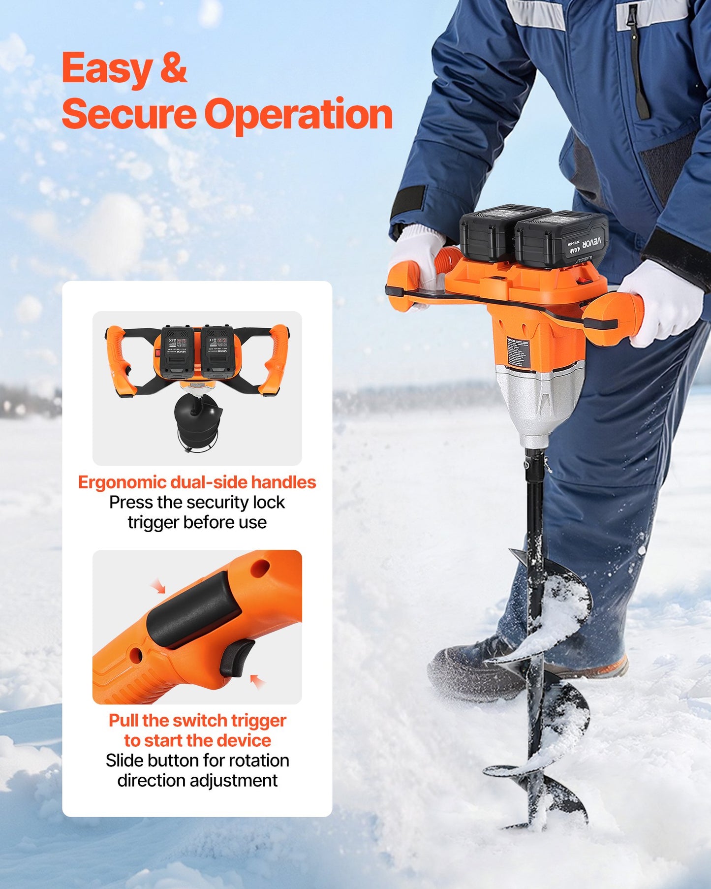 40V Electric Ice Auger, 2 In 1 Cordless Ice Fishing Augers And Earth Auger With 8" Ices & Earth Drill Bit, Cold-Resistant Post Hole Digger, Turbo High-Speed Cutting System