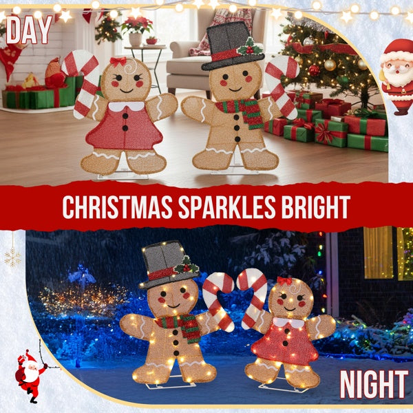 Set Of 2 Lighted Gingerbread Man And Candy Cane Christmas Decorations, Pre-lit 2D Holiday Decor With 80 Warm White LED Lights For Xmas Outdoor Indoor Decor Lighted Holiday Displays