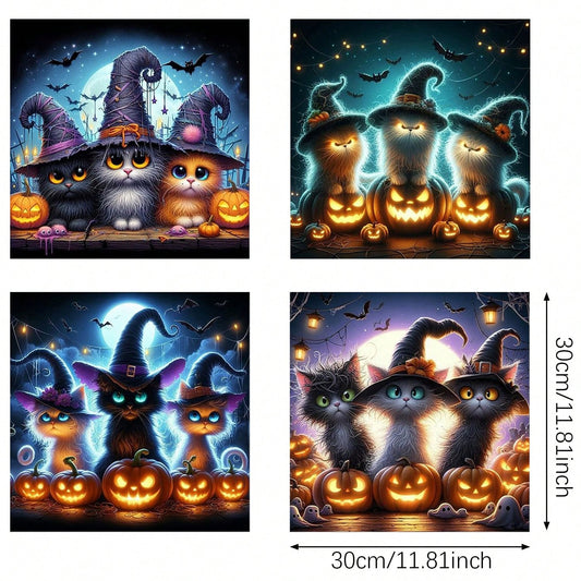 4-Piece Black Cat Diamond Painting Set, Suitable For Adult Beginners, 12x12 Inch Full Drill DIY Cute Cat Gem Art Painting, Gem Dot Craft - Ideal For Home Wall Decor