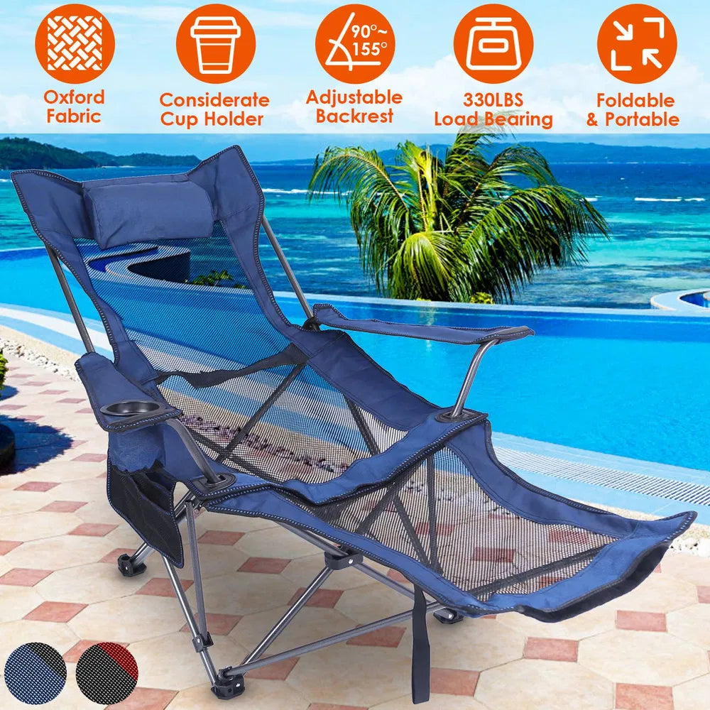 Foldable Camping Chair 330LBS Load Heavy Duty Steel Lawn Chair Collapsible Chair With Reclining Backrest Angle Cup Holder Pillow Side Pocket Carry Bag