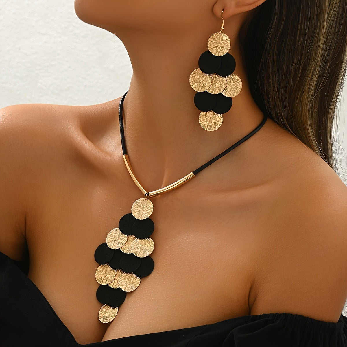 Lxalry 14K Gold Black Gothic Jewelry Set Handmade Iron Leather Necklace Earrings Duo Bold Oversized Pendant Gift For Everyday Edge Evening Glamour