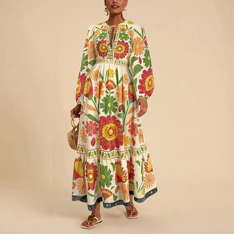 Women's Bohemian Floral Print Dress Cuff Long Sleeve Round Neck Maxi Dress For Spring&Fall