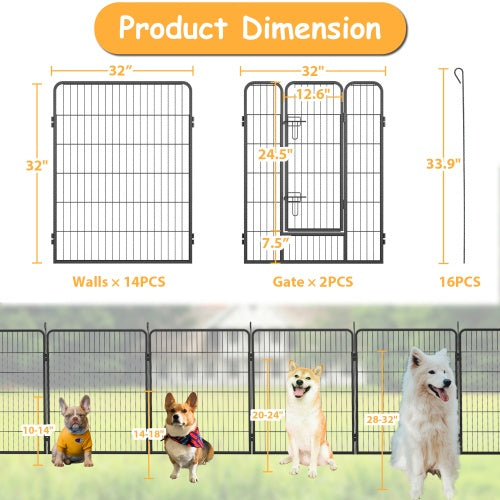 Dog Pens Outdoor 32 Height Foldable 16 Panels Heavy Duty Metal Portable Dog Playpen Indoor Anti Rust Exercise Dog Fence With Doors