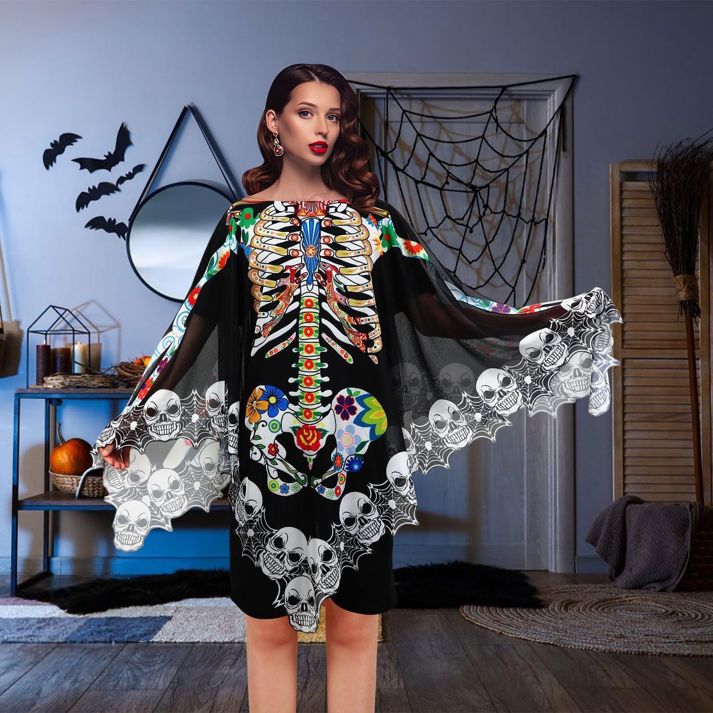 Halloween Skeleton Poncho, Lace Skeleton Halloween Costume Poncho Day Of The Dead Colorful Poncho For Women, 59 Inchx59 Inch