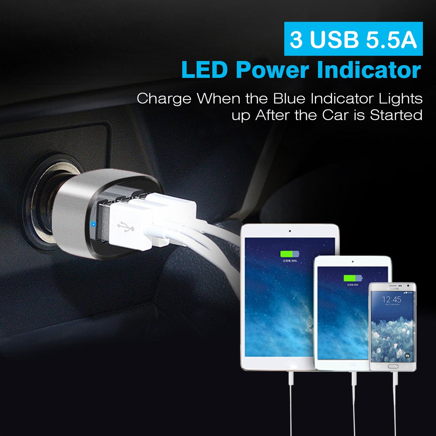 1Pc 3Port USB Car Charger 30W 5.5A