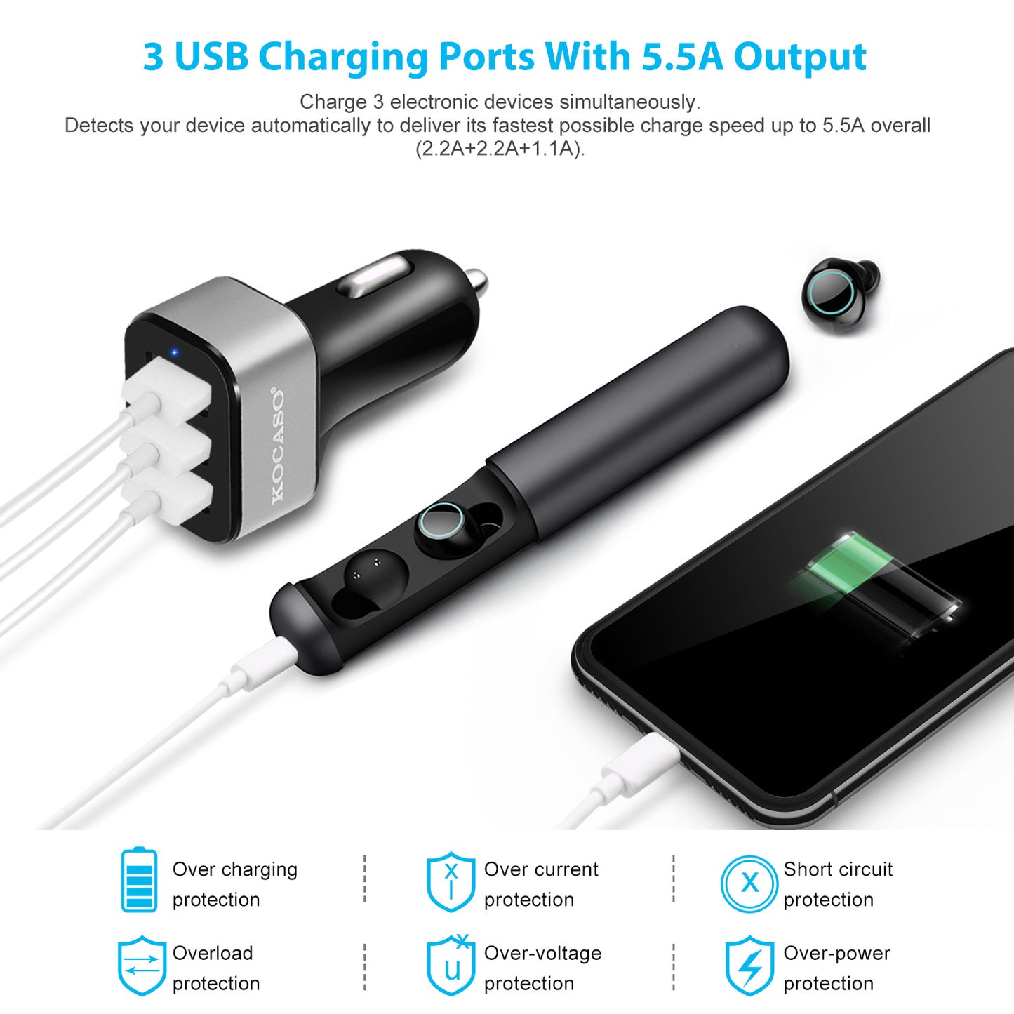 1Pc 3Port USB Car Charger 30W 5.5A