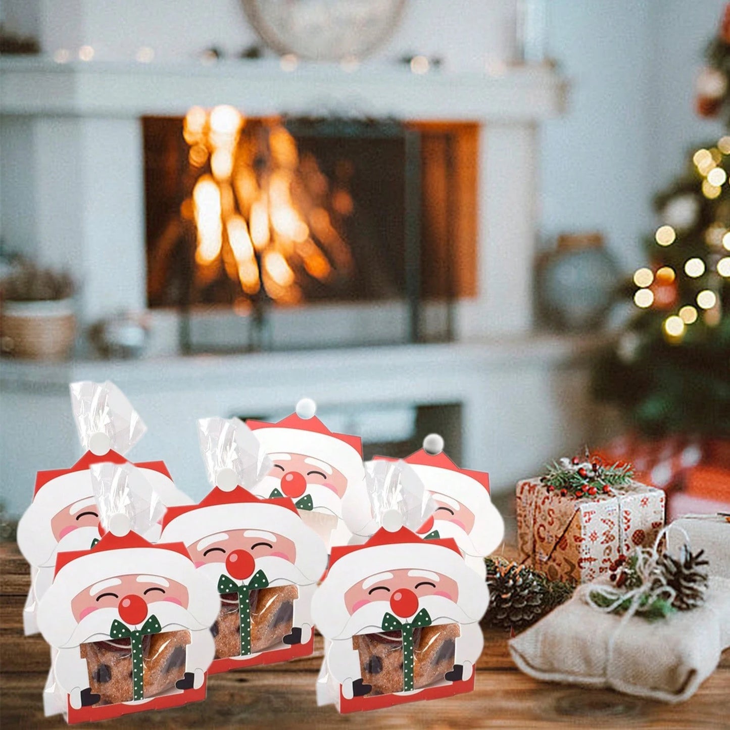 8 Pcs Mini Christmas Treat Boxes With Cellophane Bags And Twist Ties Cartoon Santa Claus Design Gift Box Cute Paper Merry Christmas Baking Packing Bags For Xmas Holiday Party Supplies