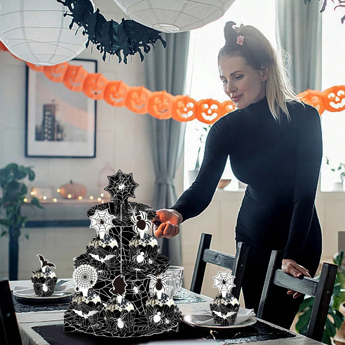 Halloween Three-tier Cupcake Stand, Halloween Dessert Table Display Stand, Black Spider Web Cardboard Cupcake Stand, Comes With Spider And Bat Cupcake Decorations, Cupcake Tray, Suitable For Halloween