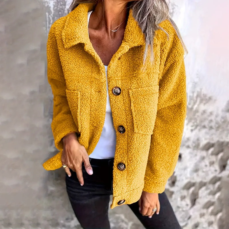 Plus Size Women's Solid Color Sherpa Jacket, Long Sleeve Lapel Single Breasted Fleece Coat With Pockets For Autumn Winter