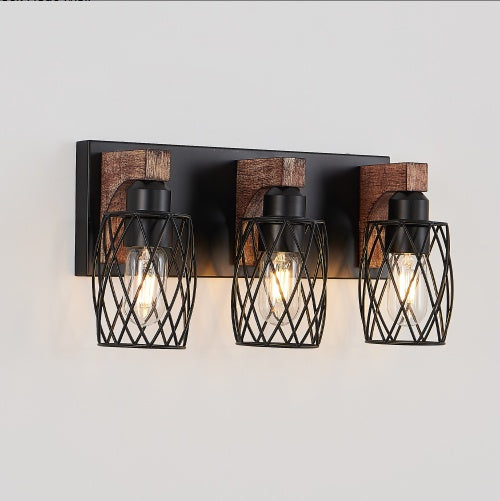 18inch Industrial Vintage 3-Light Wall Sconce - Black Cage Wall Lighting Fixture With Wooden Accents For Bathroom, Hallway, Or Living Room Bulb Not Included