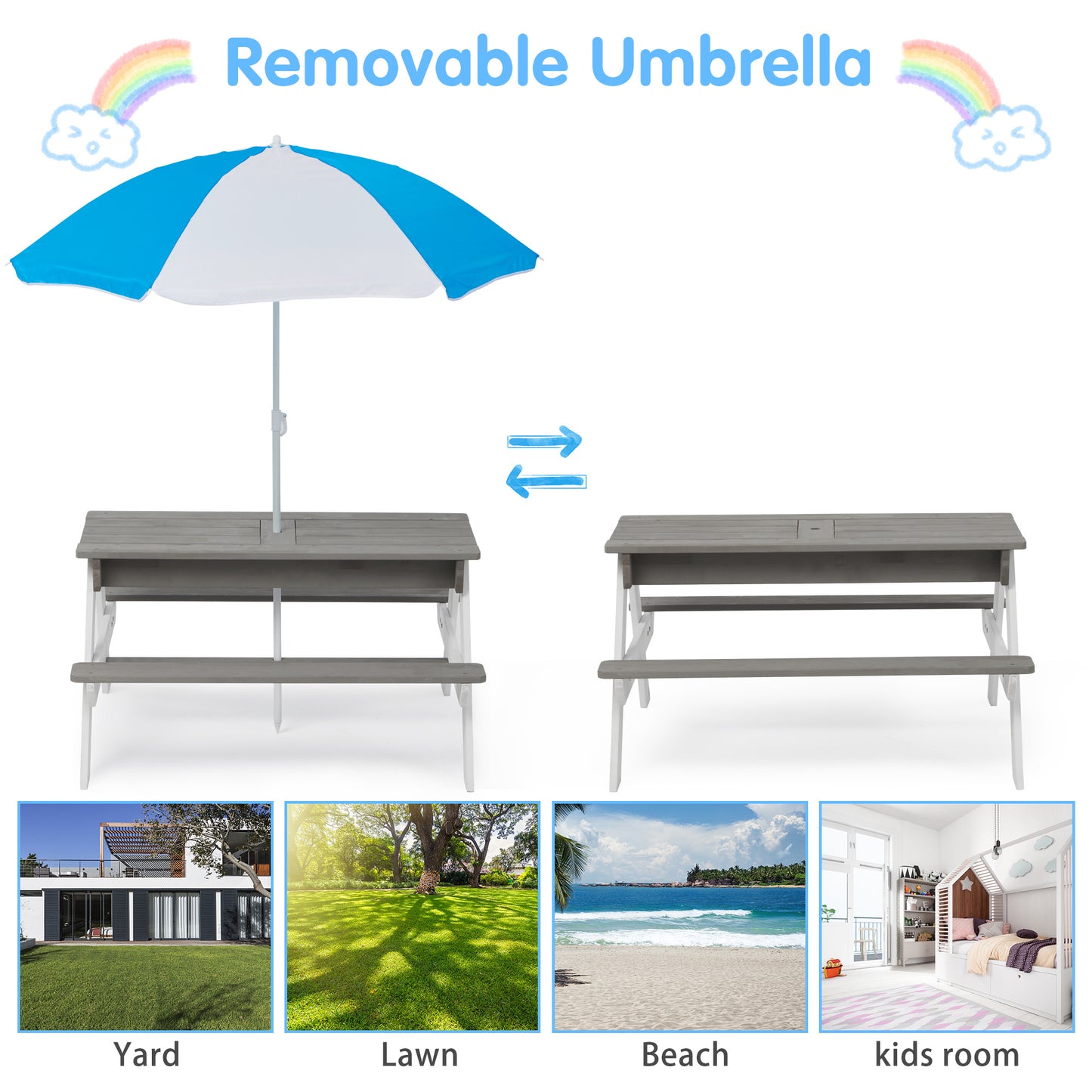 3-in-1 Children's Outdoor Wooden Picnic Table With Umbrella, Convertible Sand And Water, And 7 Plastic Toys