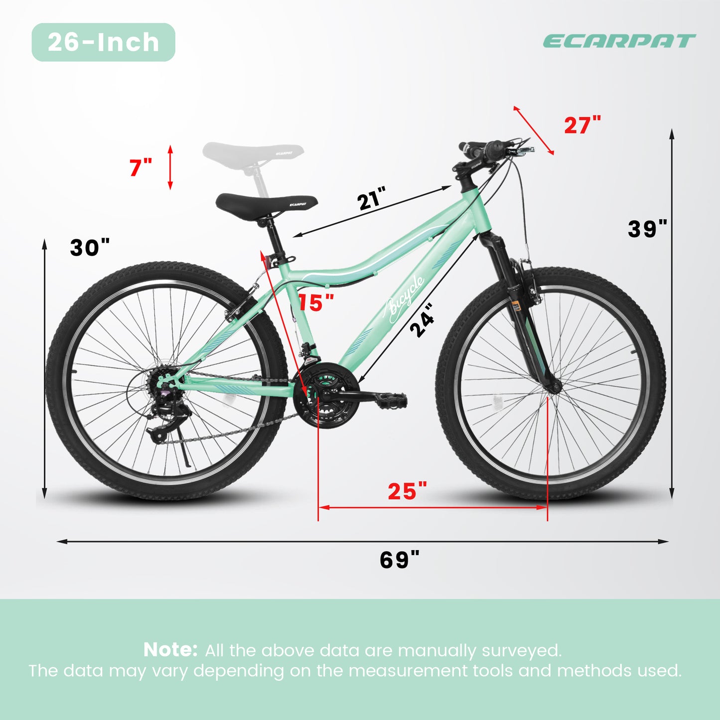A26208D Mountain Bike 24 26 Inch, High-Density Carbon Steel Frame, 21 Speed, Front Suspension, Dual V-Brakes, Pre-Assembled For Men Women Teens