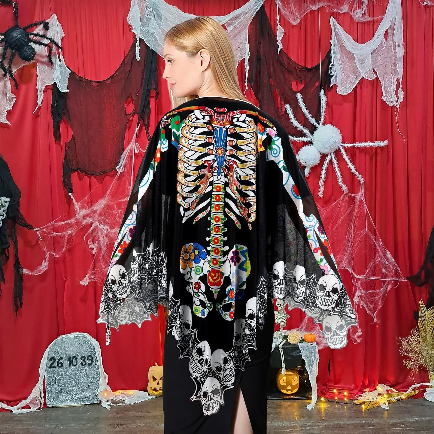 Halloween Skeleton Poncho, Lace Skeleton Halloween Costume Poncho Day Of The Dead Colorful Poncho For Women, 59 Inchx59 Inch