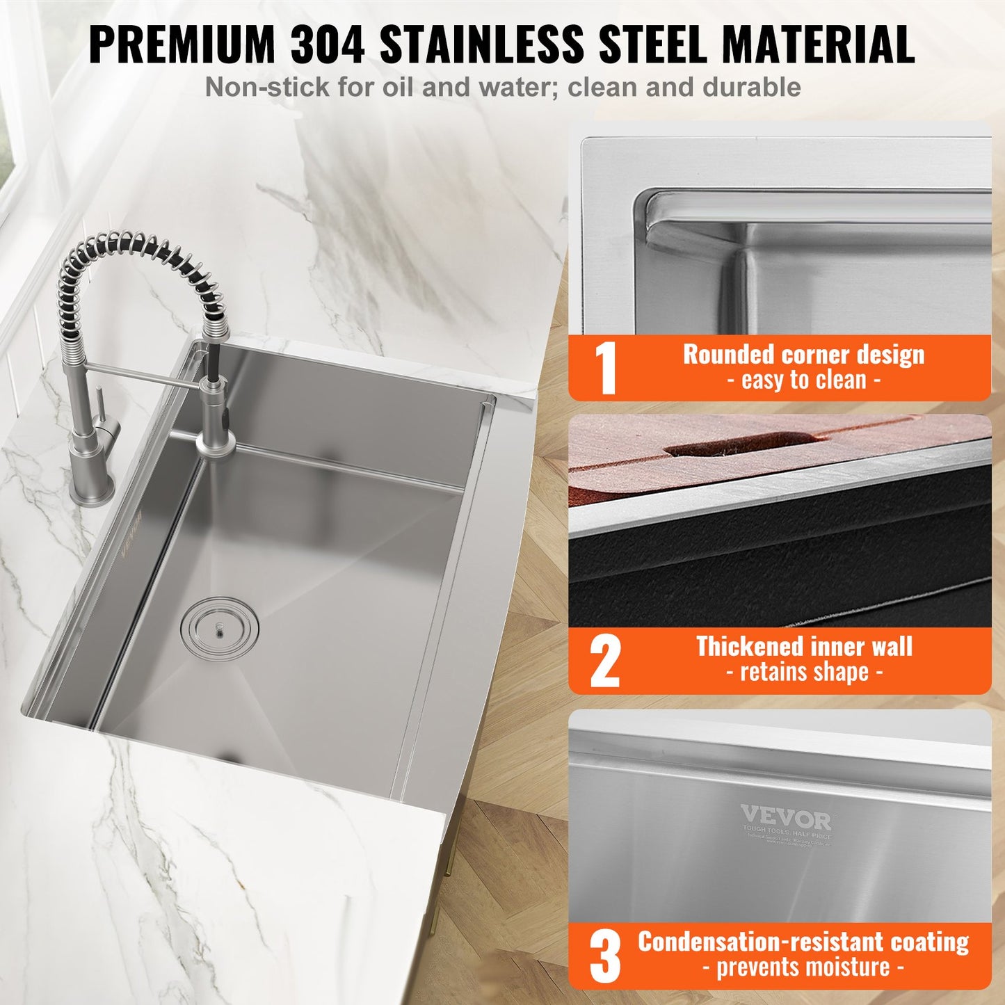 Farmhouse Kitchen Sink, 304 Stainless Steel Drop-In Sinks, Single Bowl Basin With Ledge & Accessories, Household Dishwasher Sinks For Workstation, Prep Kitchen, And Bar Sink, 33 Inch