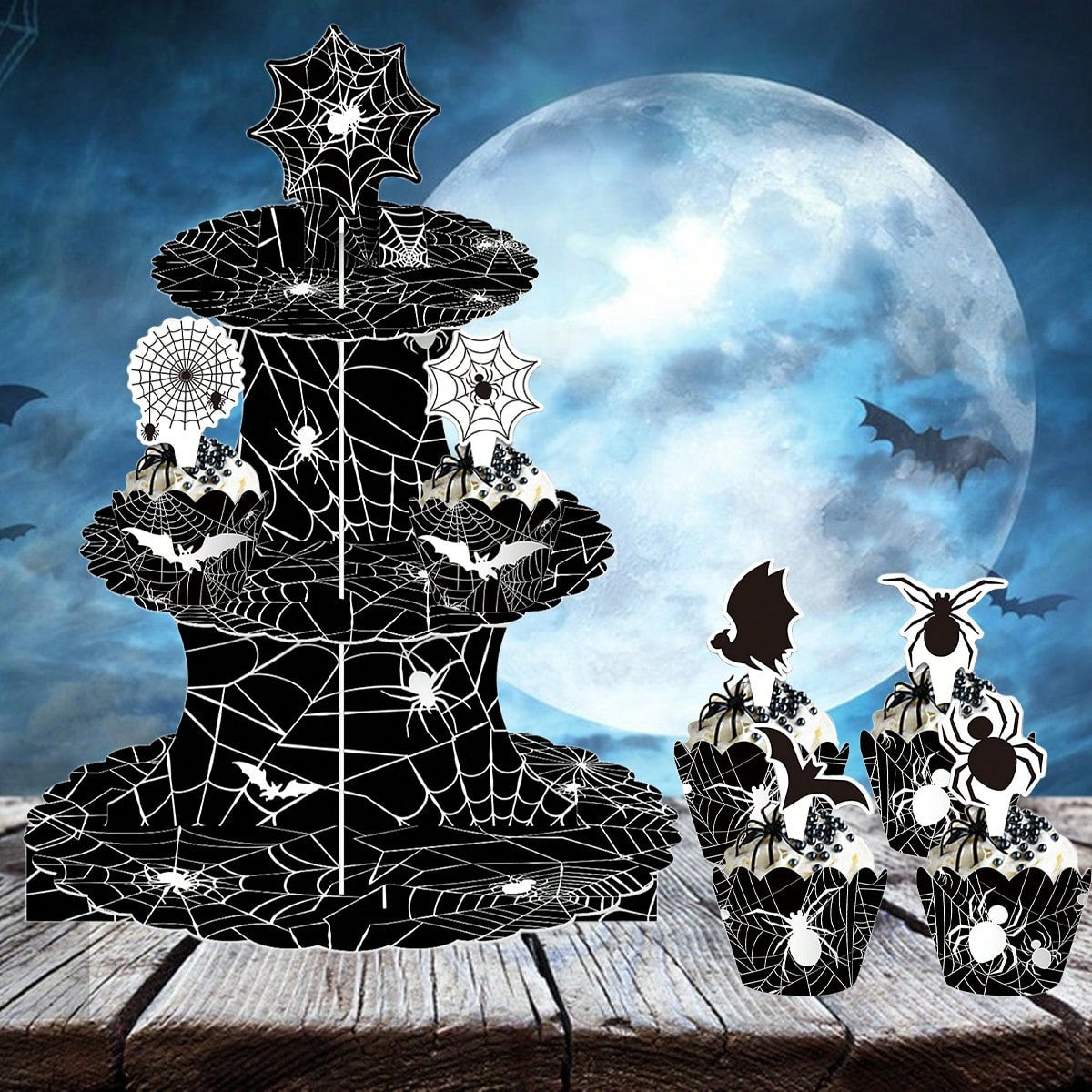 Halloween Three-tier Cupcake Stand, Halloween Dessert Table Display Stand, Black Spider Web Cardboard Cupcake Stand, Comes With Spider And Bat Cupcake Decorations, Cupcake Tray, Suitable For Halloween