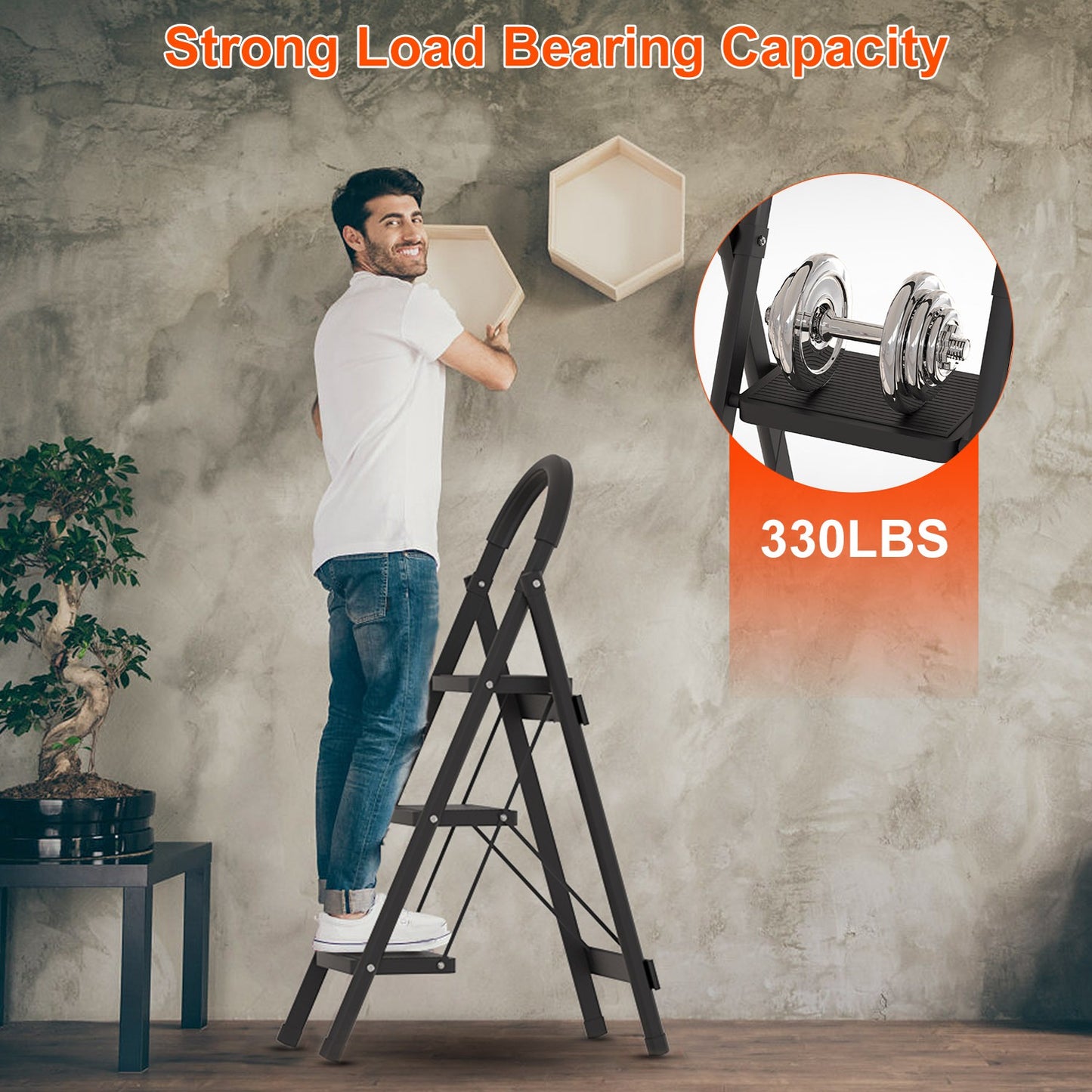 1Pc 3Step Foldable Ladder With Wide Anti-Slip Pedal Safety Locking Design Soft Handgrip Portable Lightweight Folding Step Stool 330LBS Load Capacity For Household Kitchen Office