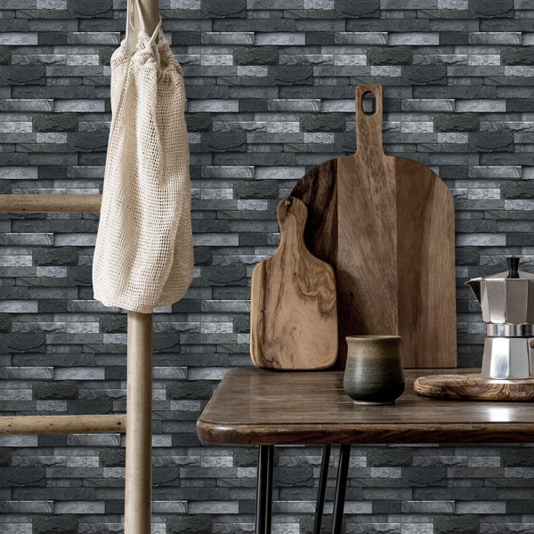 Black Gray Stone Tile Peel And Stick Wallpaper Home Decoration Waterproof Self-Adhesive Wallpaper For Bathroom Kitchen Living Room Splash-proof Removable No Glue Required Easy To Install