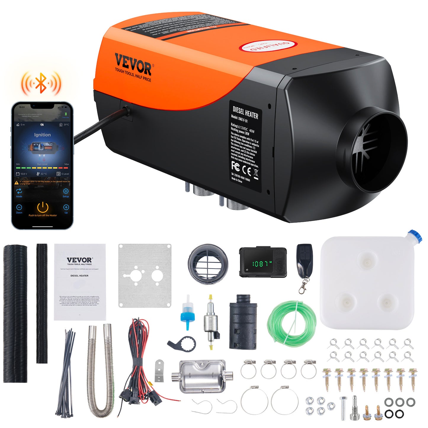 VEVOR Air Heater 12V 2KW Bluetooth App LCD Display For Car Bus RV Indoors