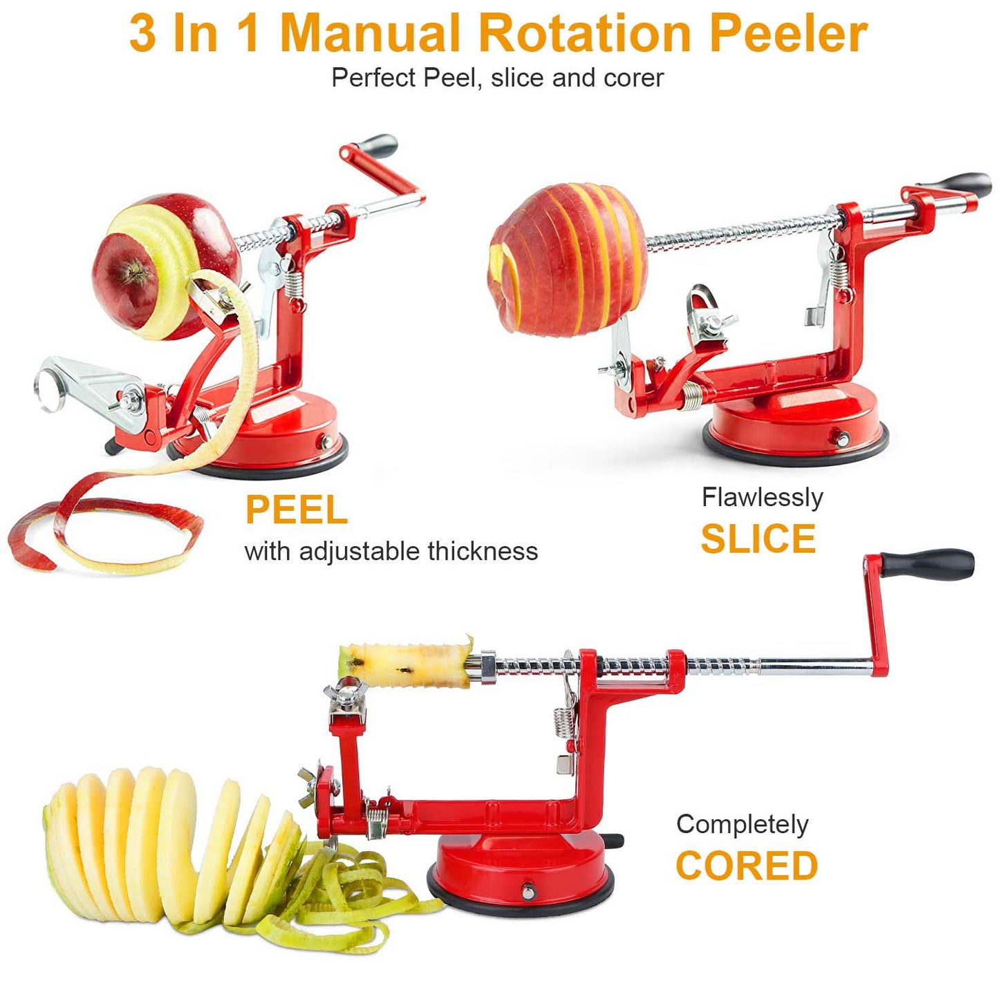3 In 1 Fruit Peeler Manual Rotation Potato Fruit Core Slicer Kitchen Hand Cracking Corer With Zinc Alloy Peeler Suction Base
