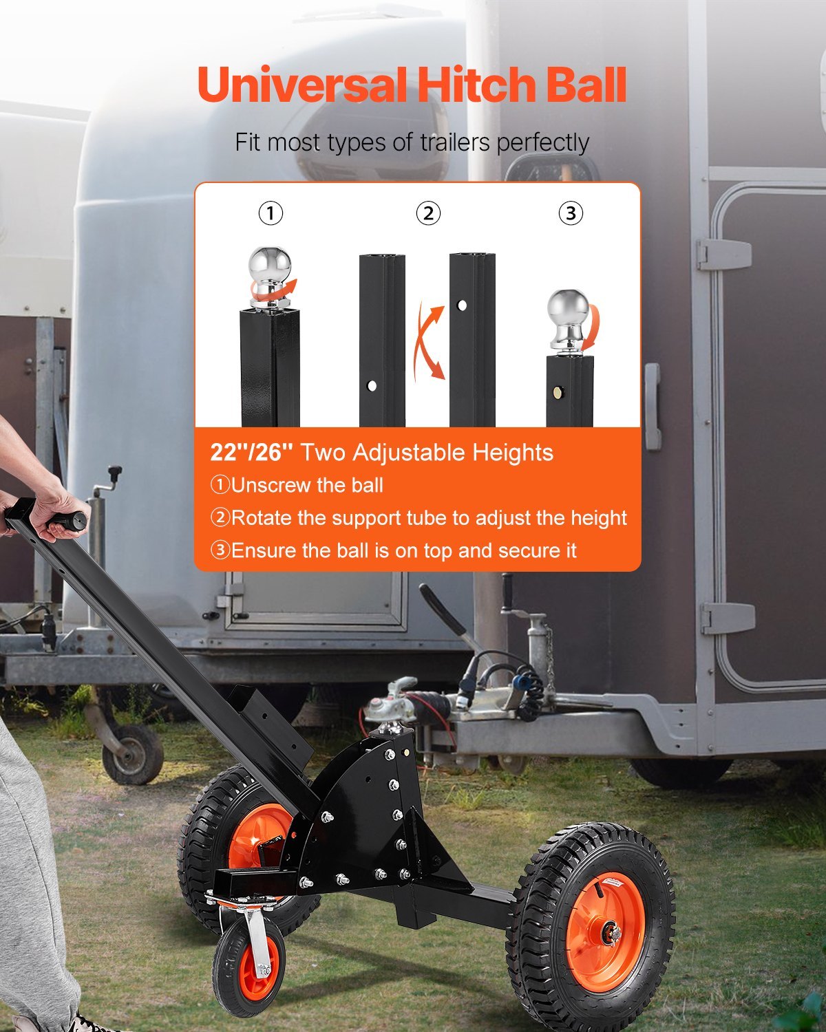 1500lbs 2-in-1 Trailer Dolly 22 And 26 In Adjustable Height 2in Ball With Caster