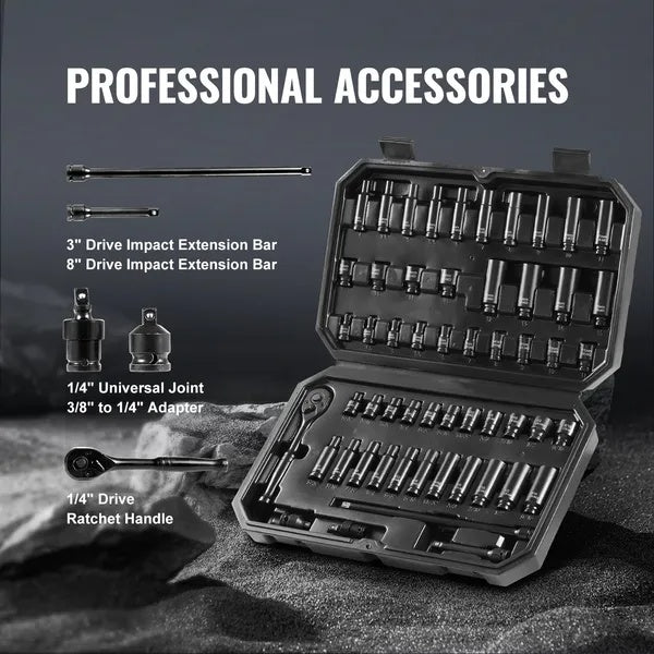 VEVOR Impact Sockets Set 55pcs 6-Point  Drive Bit Ratchet Tool Kit Case