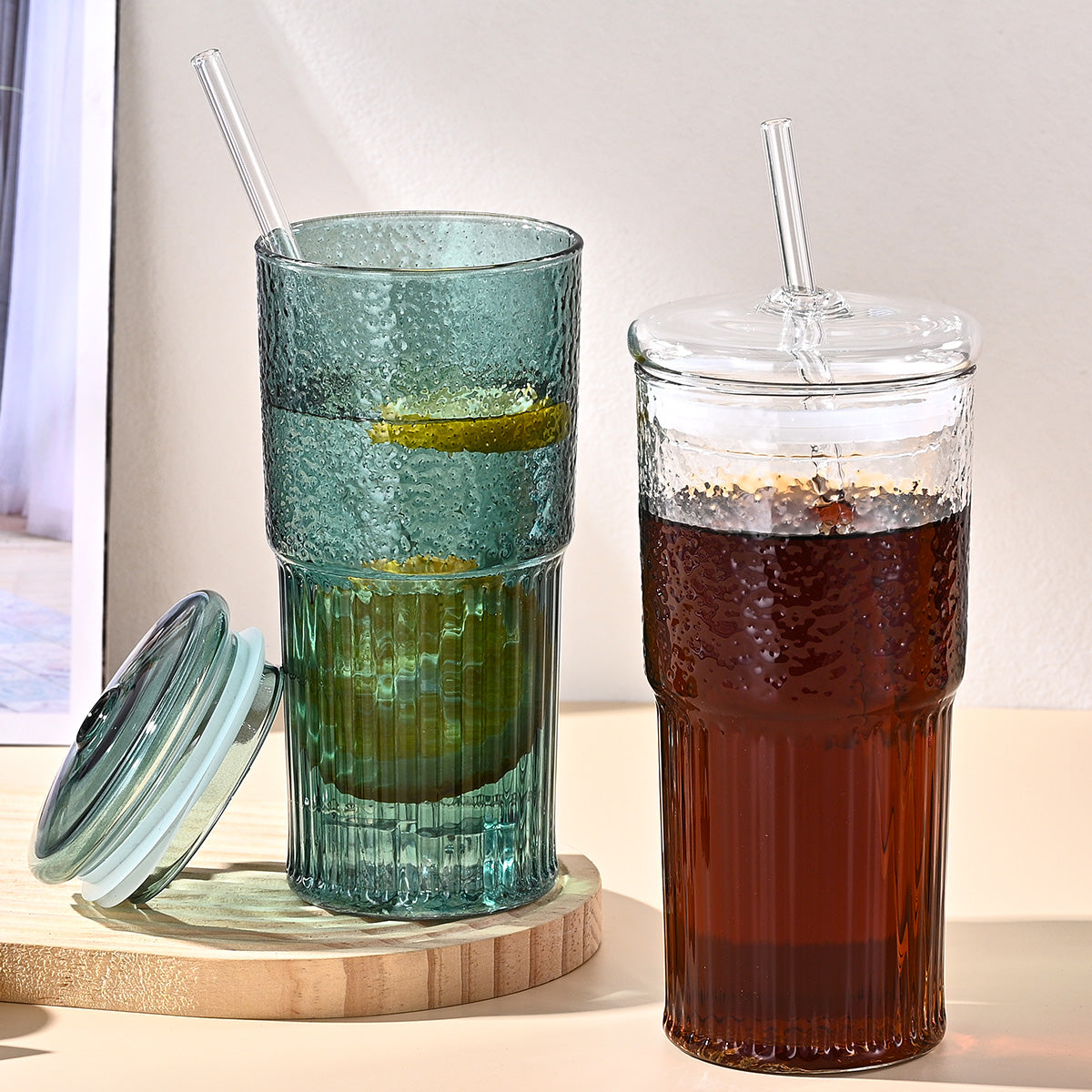 20 Oz 2-pack Purple Glass Straw Cup With Vertical Pattern Cup And Lid, High Borosilicate Heat-resistant Glass Cup For Juice, Milk And Cold Drinks