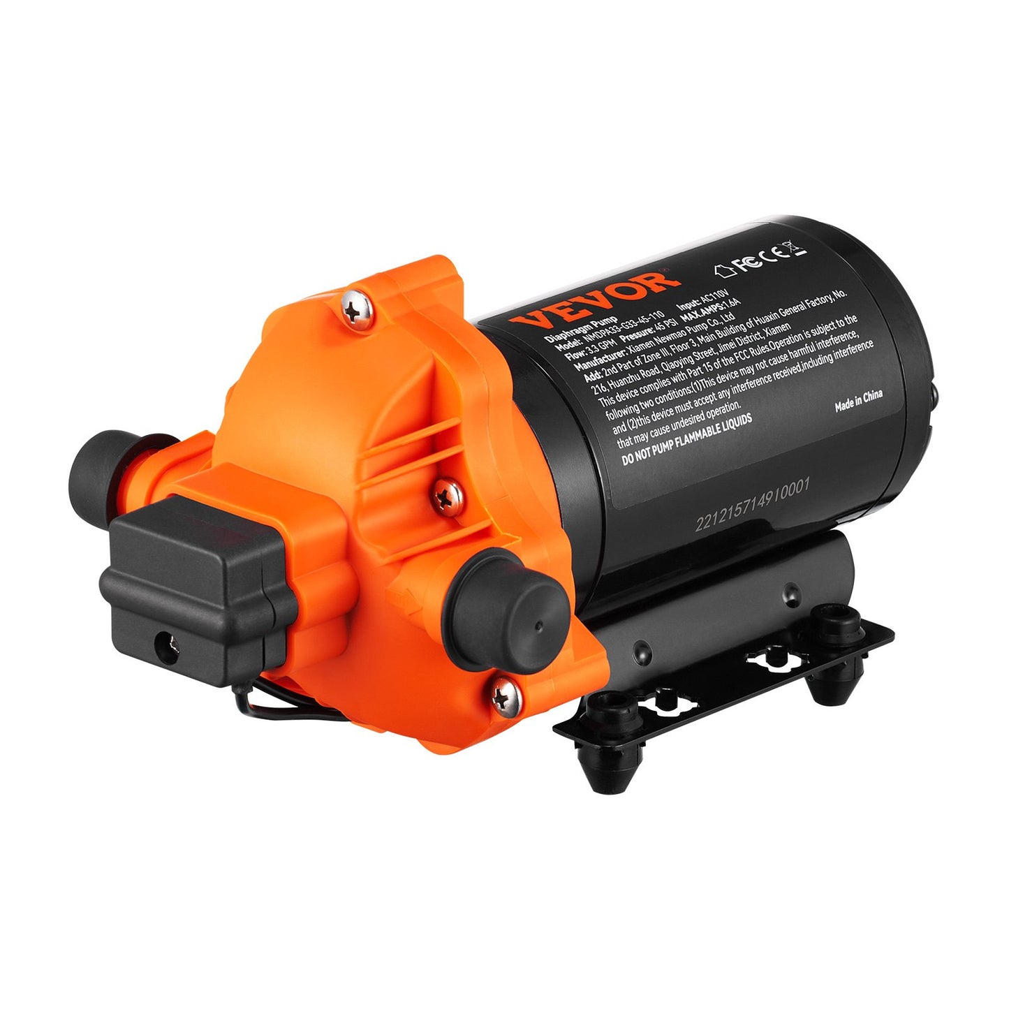 Water Diaphragm Pump, 110V AC, 3.3 GPM Flow, 45 PSI Rated Pressure (40-80 PSI Adjustable), 1/2" MNPT Self Priming Sprayer Pump With Pressure Switch For RV Camper Marine Boat Lawn, FCC Certified