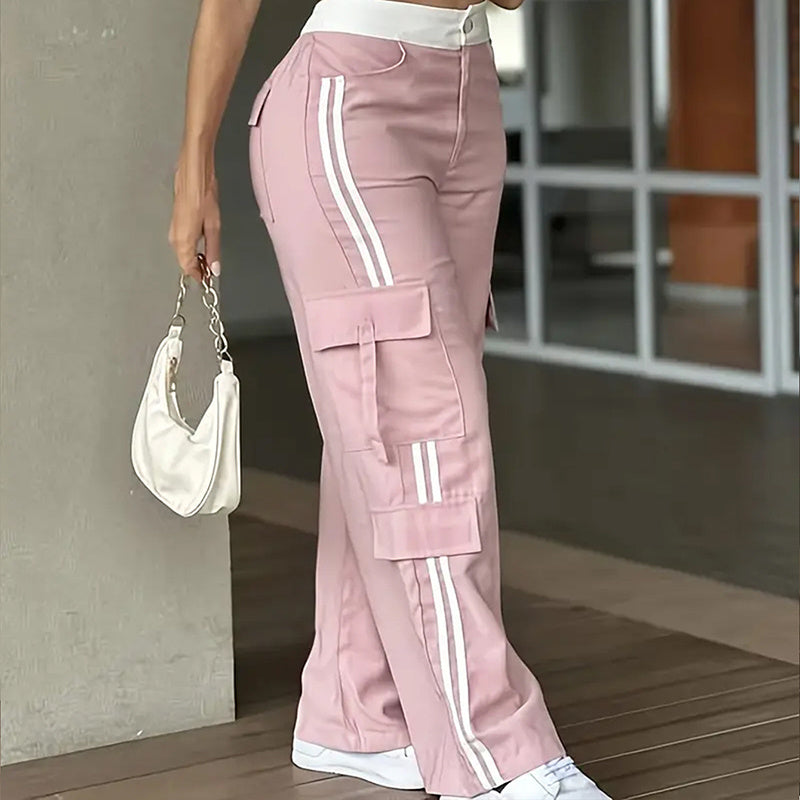 Women's Striped Straight Leg Pants Button Zip With Pocket Casual Trousers For Spring And Fall