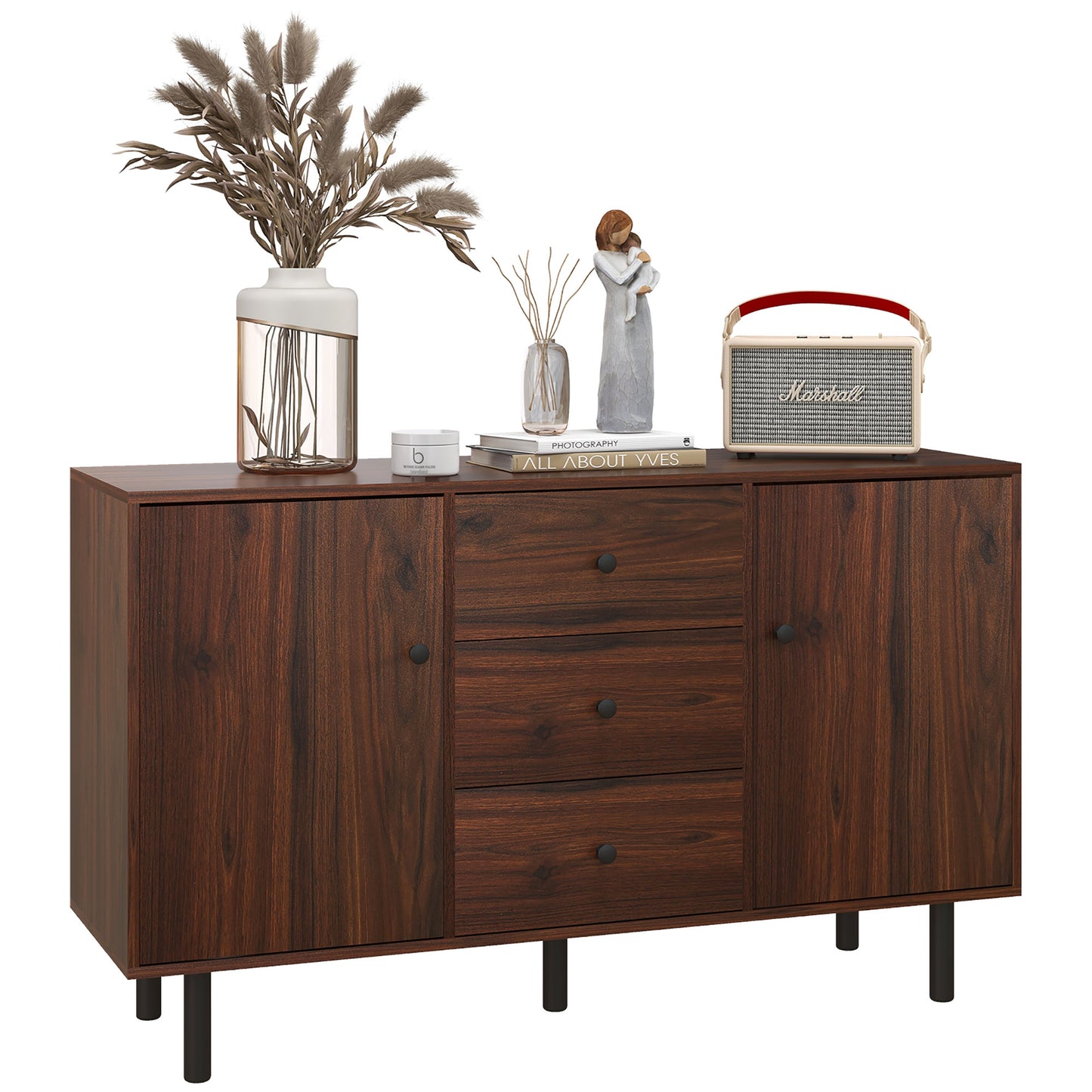 Retro Sideboard with 2 Cabinets 3 Drawers, Buffet Table, Rustic Brown