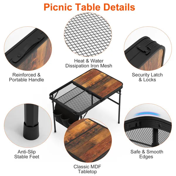 35.43x23.62x26in Foldable Camping Table Collapsible Picnic Aluminum Alloy Grill Stand 66LBS Max Load Height Adjustable BBQ Table With Adjustable Height Storage Net
