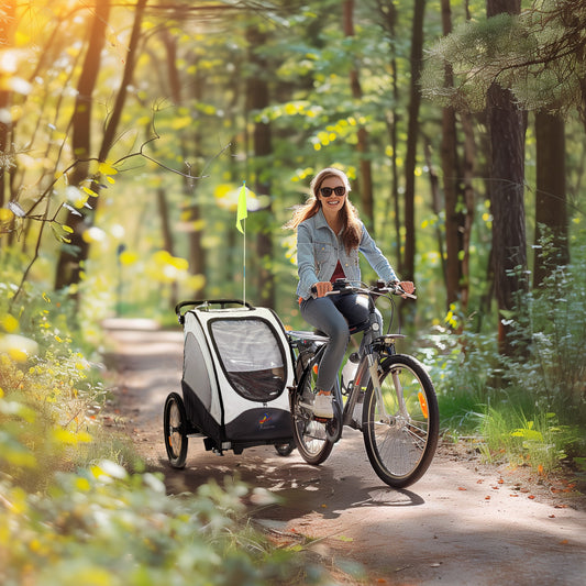 Bike Trailer for Kids 3 In1 Foldable Child Jogger Stroller Baby Stroller Transport Carrier with Shock Absorber System Rubber Tires Adjustable Handlebar Kid Bicycle Trailer White and Grey