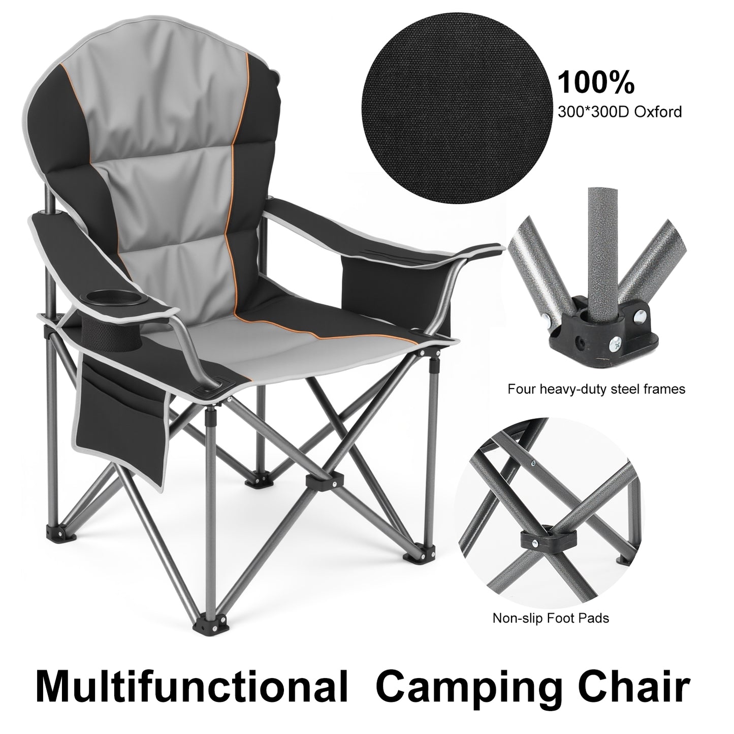 Oversized Camping Folding Chair, Heavy Duty Padded Chair With Cup Holder Storage And Cooler Bag, 5000 LBS Steel Frame, Portable For Outdoor