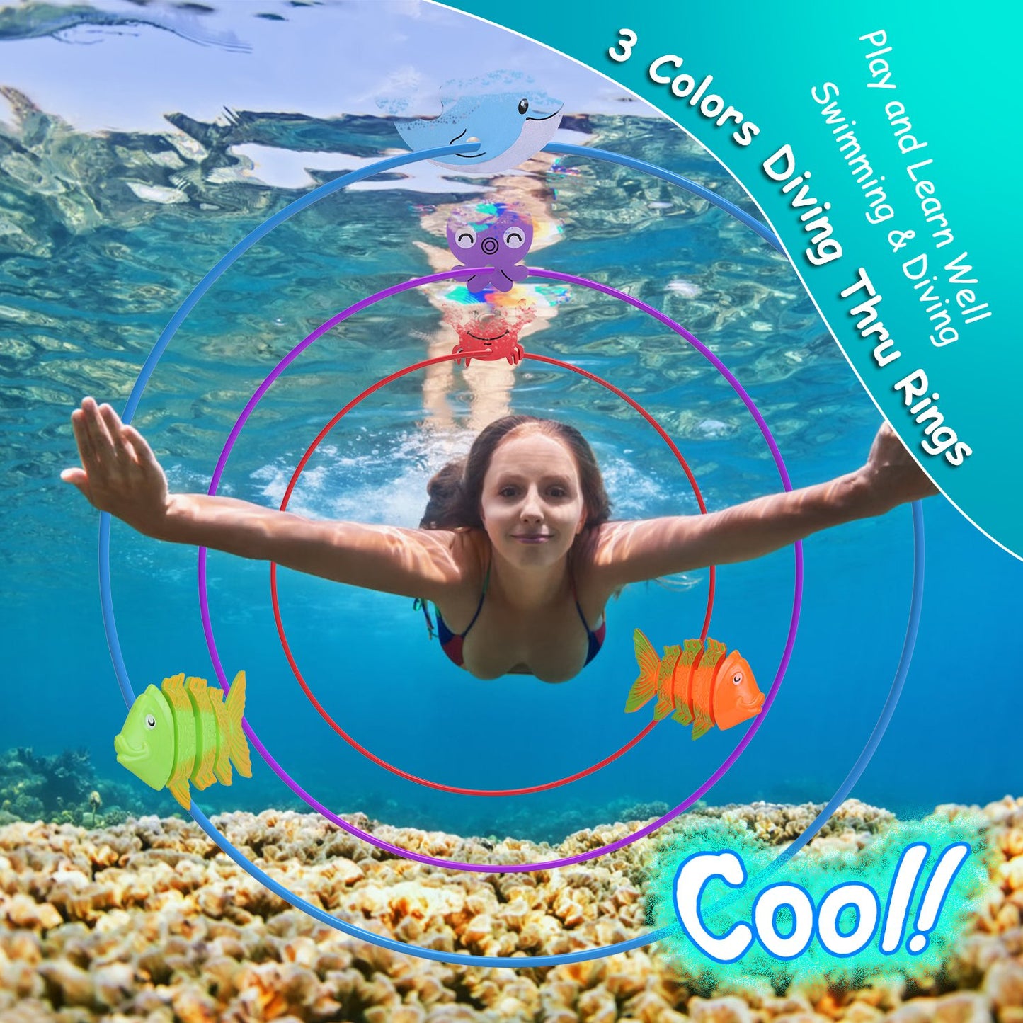 Set Of 24Pcs Diving Toys Swimming Pool Toys Swim Toys For Kids Above Aged 3 Years Old Swim Thru Rings Torpedoes Gems Volleyball Storage Bag