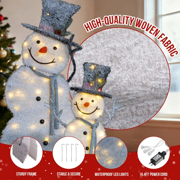 Set Of 2 Lighted Snowman With Top Hat Christmas Decorations, Pre-lit 2D Holiday Decor With 80 Warm White LED Lights For Xmas Outdoor Indoor Decor Lighted Holiday Displays