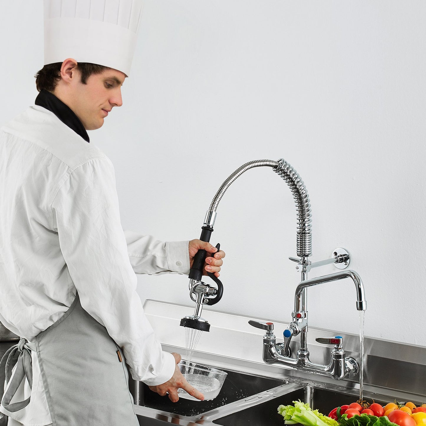 Commercial Faucet With Pre-Rinse Sprayer, 21' Height, 8' Center, 12' Swing Spout, Wall Mount Kitchen Sink Faucet, Brass Constructed Device With Pull Down Spray, For 1/2/3 Compartment Sink