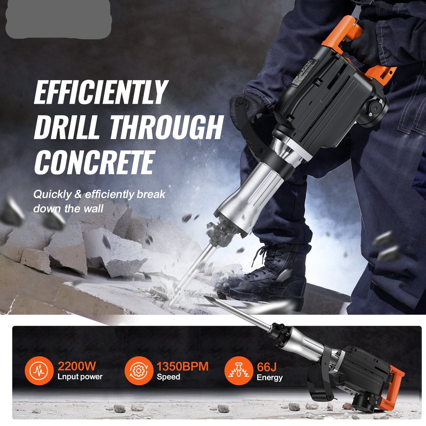 Demolition Jack Hammer, 1350 BPM Concrete Breaker 6pcs Chisels Bit Chipping With Case, 2200W Electric Jackhammer Heavy Duty, Black