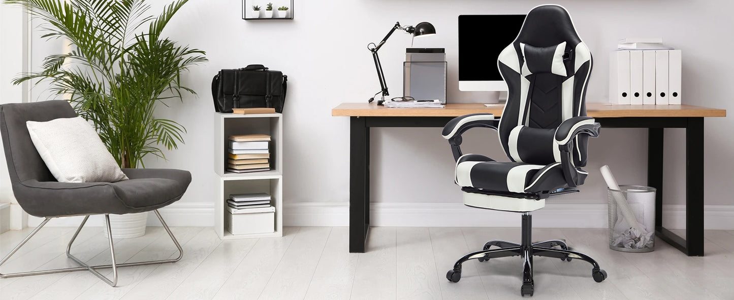 Gaming Chair With Footrest, Ergonomic Computer Chair With Headrest And Lumbar Support, Breathable Material Height Adjustable Video Game Chairs For Adults, Black White