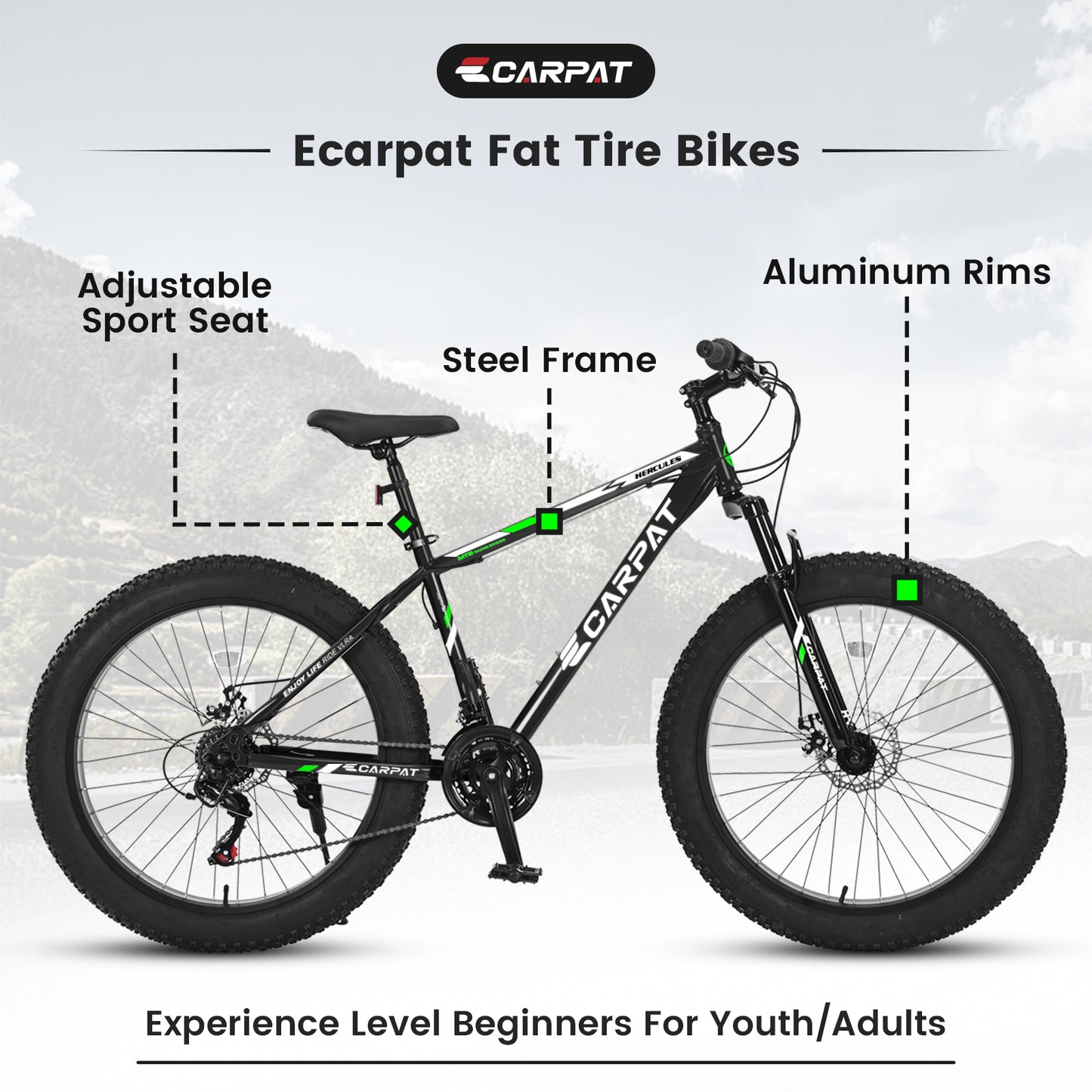 S26109 26 Inch Fat Tire Bike Adult-Youth Full Shimano 21 Speed Mountain Bike, Dual Disc Brake, High-Carbon Steel Frame, Front Suspension, Mountain Trail Bike, Urban Commuter City Bicycle