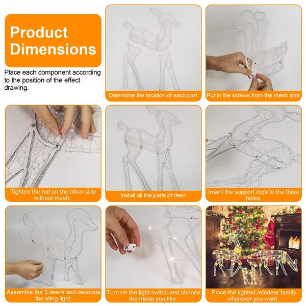 3 Sets Of Reindeer Family Lighted 2D Christmas Deer Decoration Warm Yellow Light 3 Lighting Modes Buck Doe Fawn Indoor Outdoor Christmas Decoration