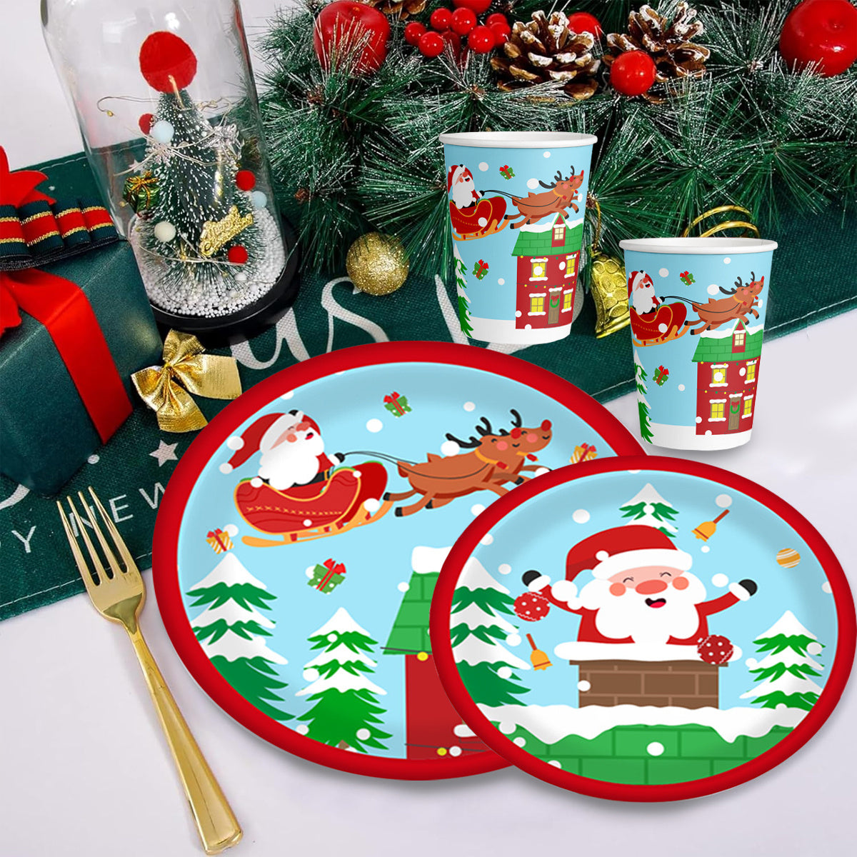 Christmas Paper Plates And Cups Set Decorations For 10 Guests Santa Claus Elk Pattern Plates And Cups For Winter Holiday Christmas Party Decorations