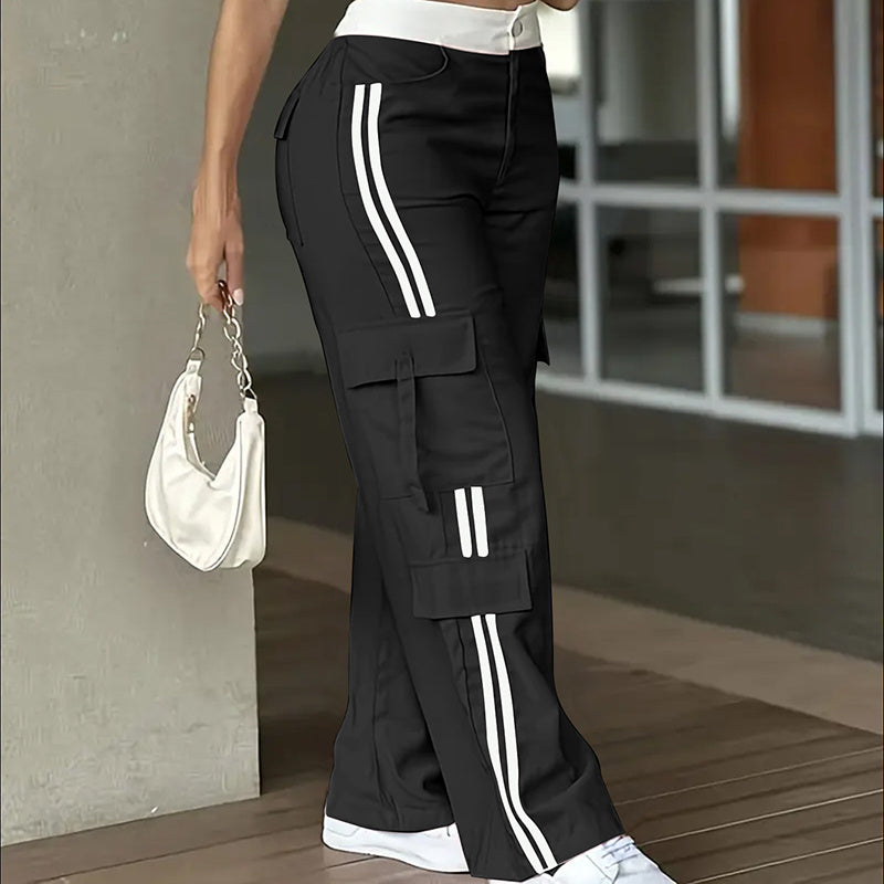 Women's Striped Straight Leg Pants Button Zip With Pocket Casual Trousers For Spring And Fall