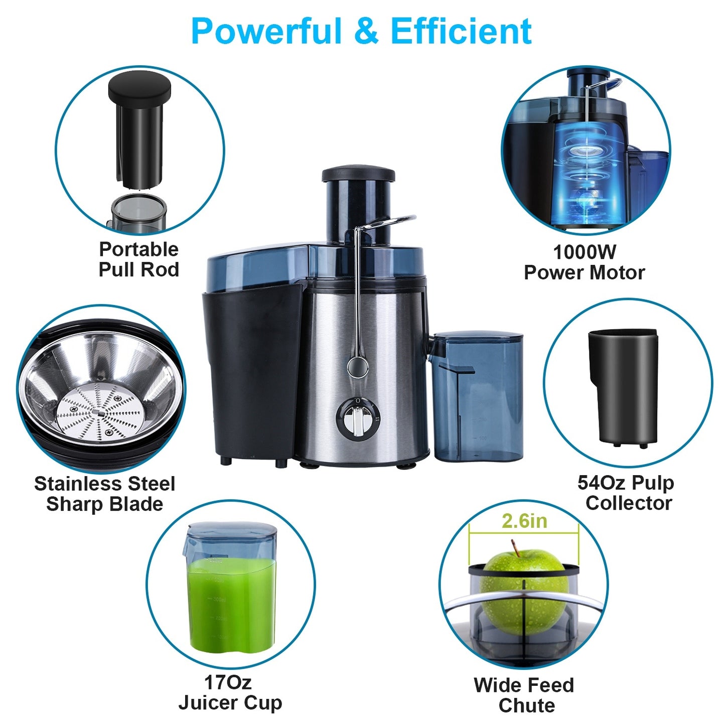 1Pc Centrifugal Juicer Juice Extractor With 2 Speeds 2.6in Wide Feed Chute 17Oz Juicer Cup 54Oz Pulp Collector Electric Juicer For Fruits Vegetables Multifunctional
