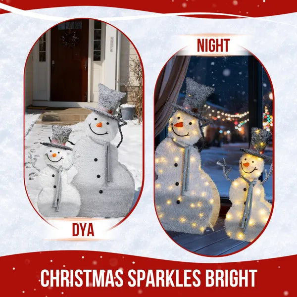Set Of 2 Lighted Snowman With Top Hat Christmas Decorations, Pre-lit 2D Holiday Decor With 80 Warm White LED Lights For Xmas Outdoor Indoor Decor Lighted Holiday Displays