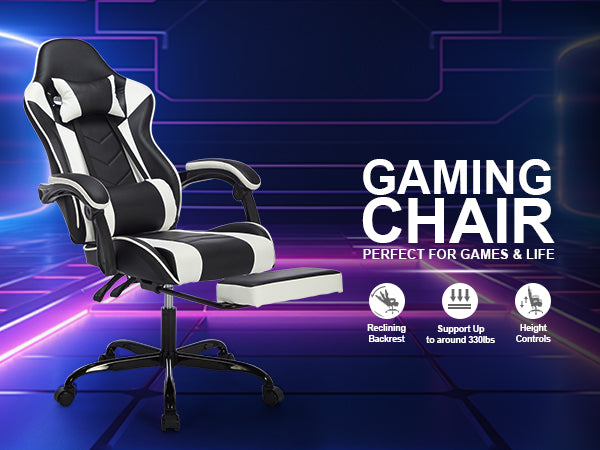 Gaming Chair With Footrest, Ergonomic Computer Chair With Headrest And Lumbar Support, Breathable Material Height Adjustable Video Game Chairs For Adults, Black White