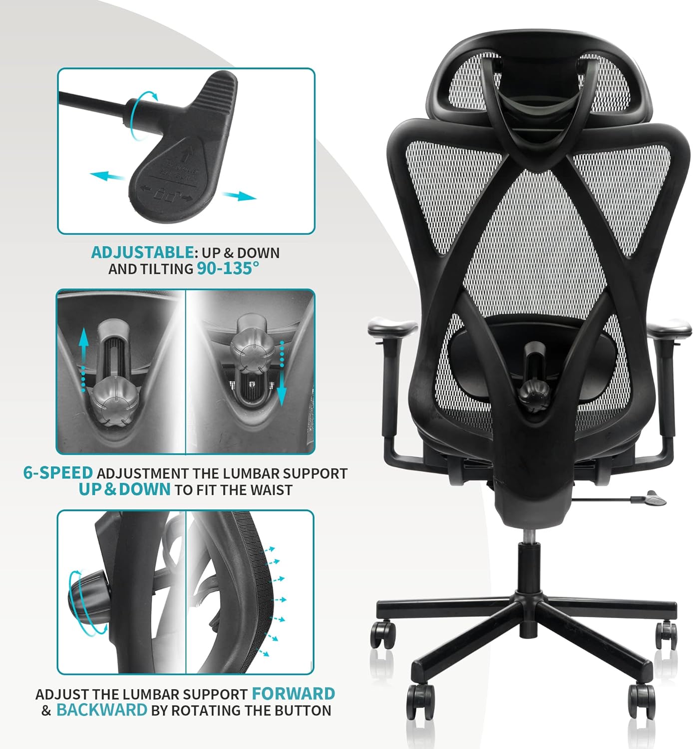 Mesh Office Chair, Ergonomic Office Chairs With Wheels, Adjustable Lumbar Support, Armrest,Headrest-Tilt High Back Desk Chair With Mute Wheel For Office, Home, Gaming